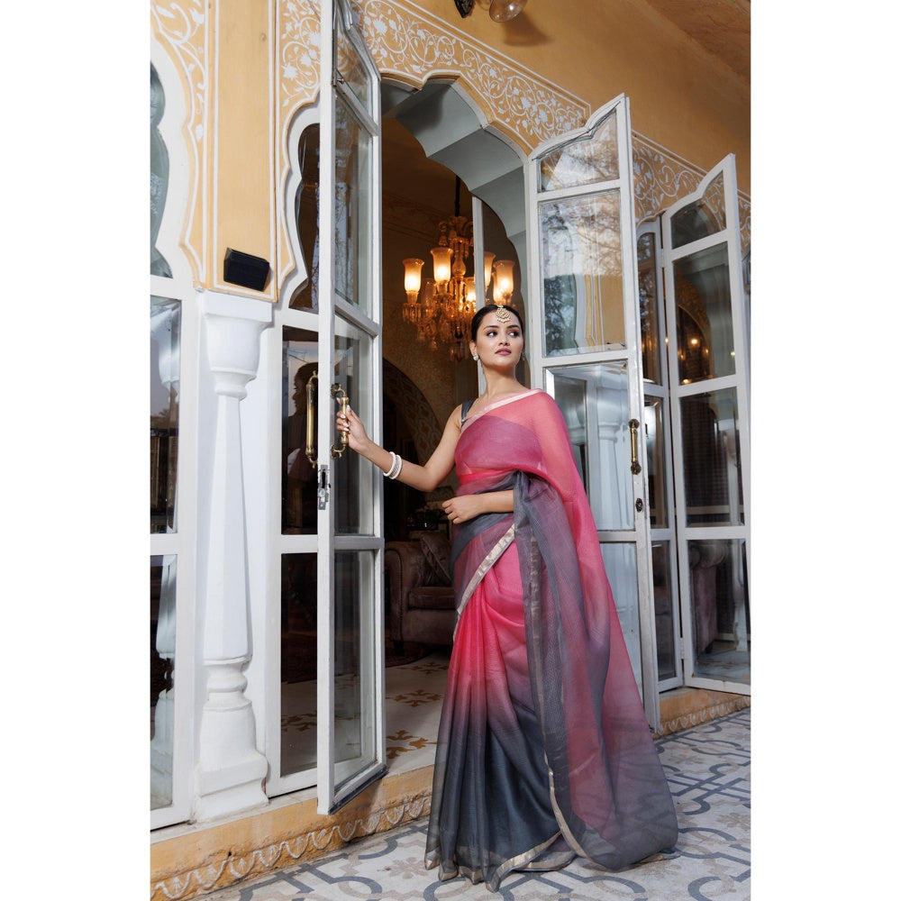 Geroo Jaipur Grey Pure Kota Silk Hand Dyed Saree with Unstitched Blouse