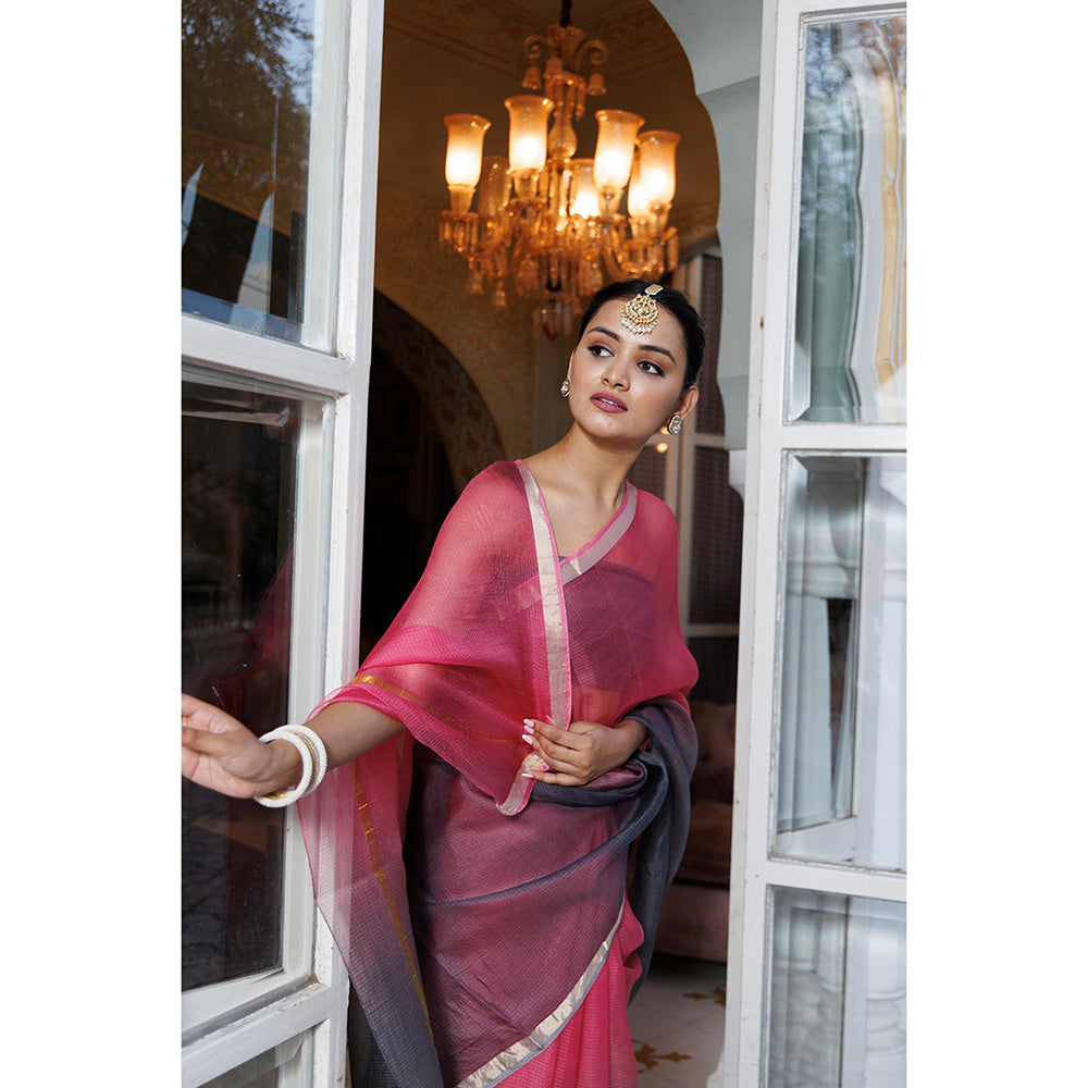 Geroo Jaipur Grey Pure Kota Silk Hand Dyed Saree with Unstitched Blouse