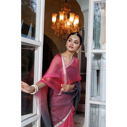 Geroo Jaipur Grey Pure Kota Silk Hand Dyed Saree with Unstitched Blouse