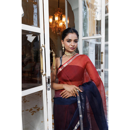 Geroo Jaipur Maroon Pure Kota Silk Hand Dyed Saree with Unstitched Blouse