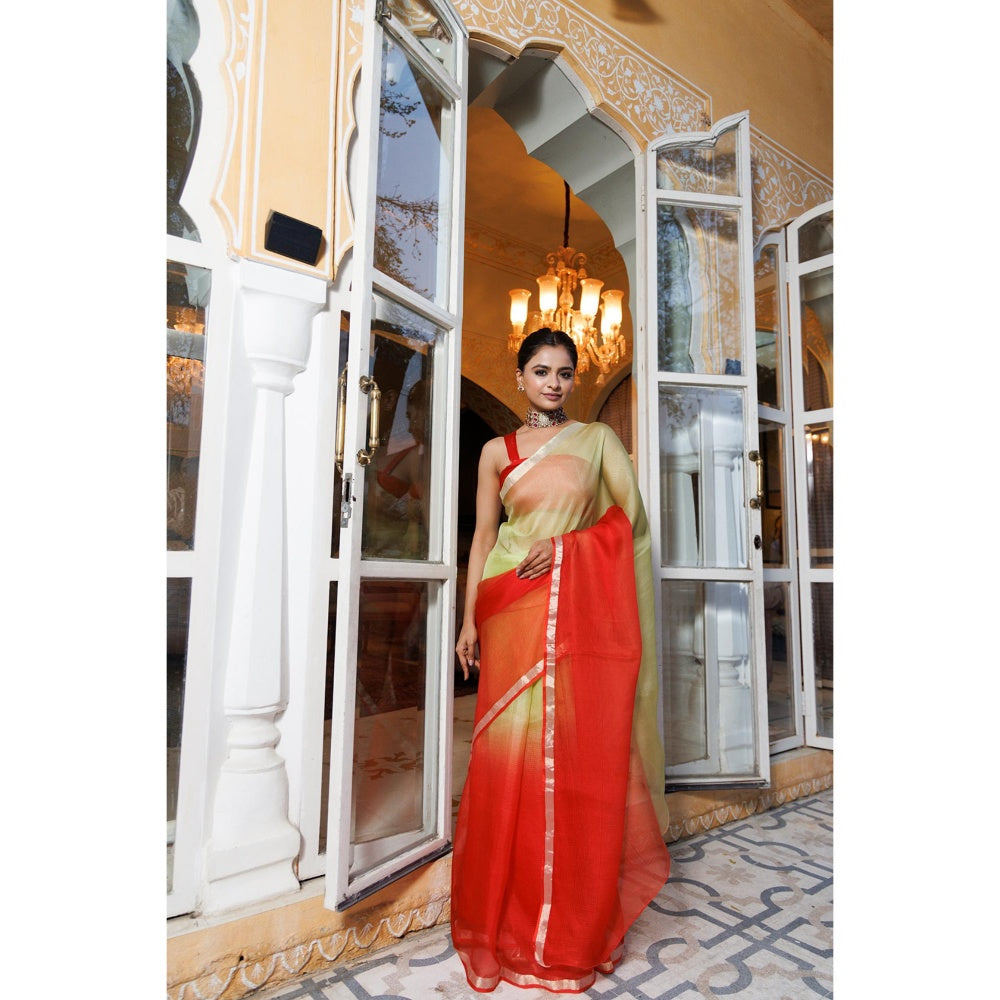 Geroo Jaipur Red Pure Kota Silk Hand Dyed Saree with Unstitched Blouse