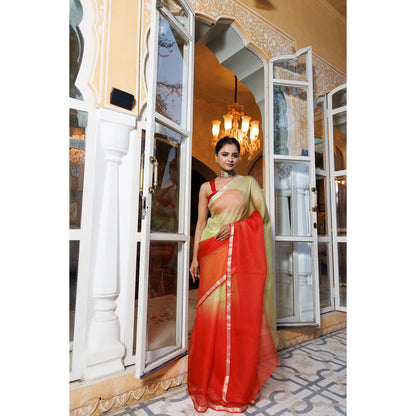 Geroo Jaipur Red Pure Kota Silk Hand Dyed Saree with Unstitched Blouse