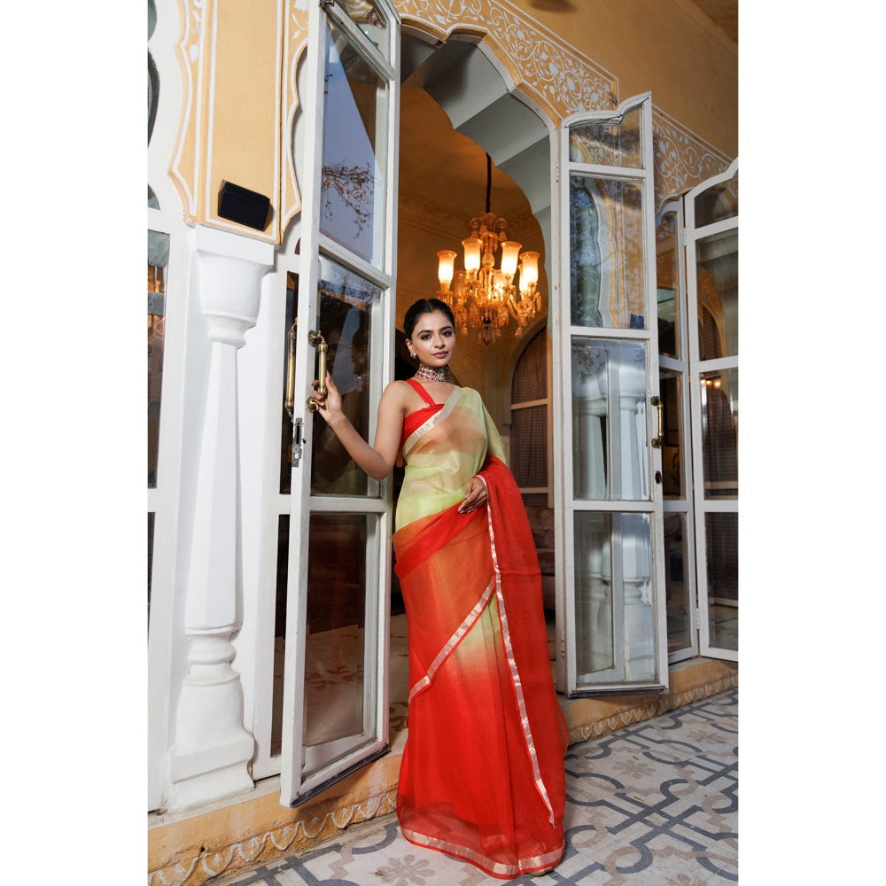 Geroo Jaipur Red Pure Kota Silk Hand Dyed Saree with Unstitched Blouse
