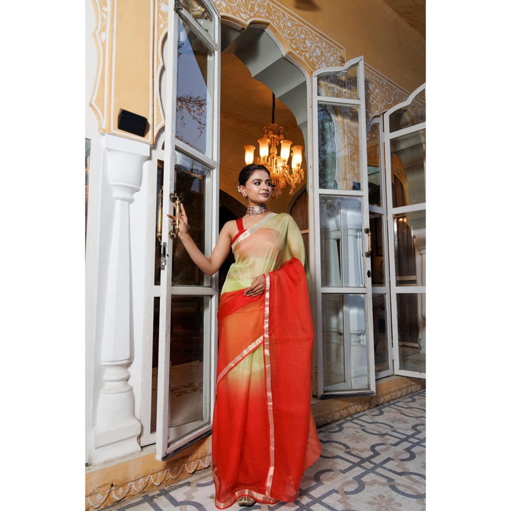 Geroo Jaipur Red Pure Kota Silk Hand Dyed Saree with Unstitched Blouse