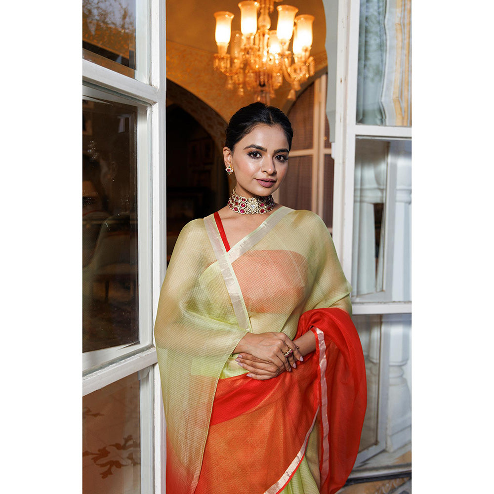 Geroo Jaipur Red Pure Kota Silk Hand Dyed Saree with Unstitched Blouse