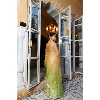 Geroo Jaipur Green Pure Kota Silk Hand Dyed Saree with Unstitched Blouse