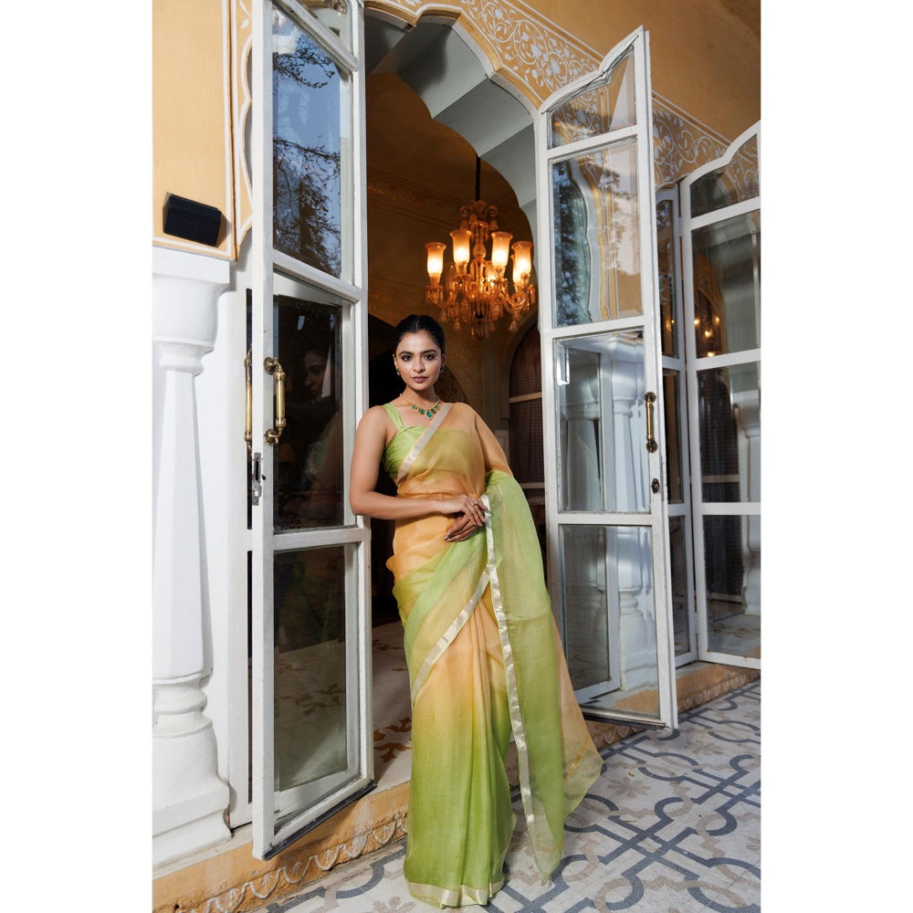 Geroo Jaipur Green Pure Kota Silk Hand Dyed Saree with Unstitched Blouse