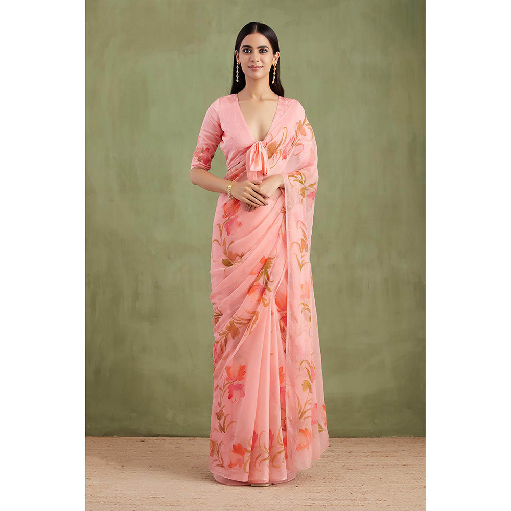 Geroo Jaipur Pink Hand Painted Floral Saree with Unstitched Blouse