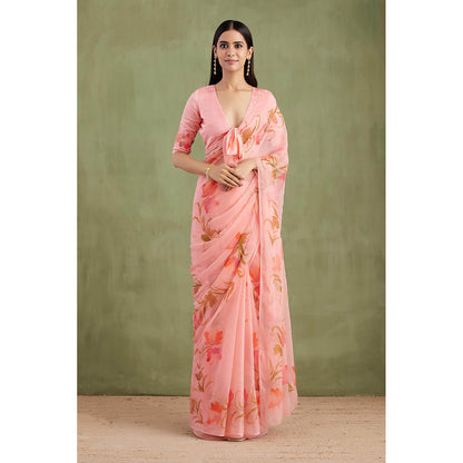 Geroo Jaipur Pink Hand Painted Floral Saree with Unstitched Blouse