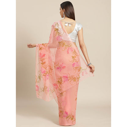 Geroo Jaipur Pink Hand Painted Floral Saree with Unstitched Blouse