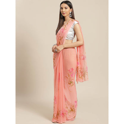 Geroo Jaipur Pink Hand Painted Floral Saree with Unstitched Blouse