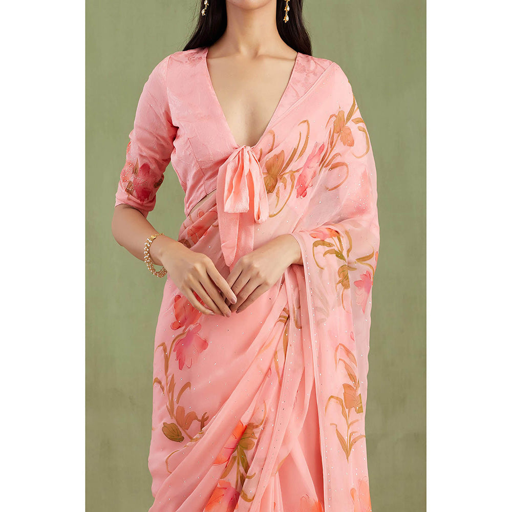 Geroo Jaipur Pink Hand Painted Floral Saree with Unstitched Blouse