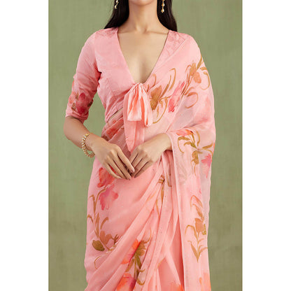 Geroo Jaipur Pink Hand Painted Floral Saree with Unstitched Blouse