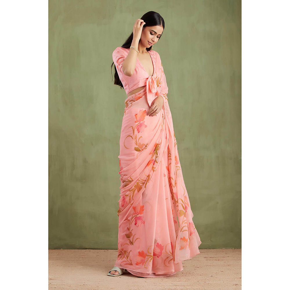 Geroo Jaipur Pink Hand Painted Floral Saree with Unstitched Blouse