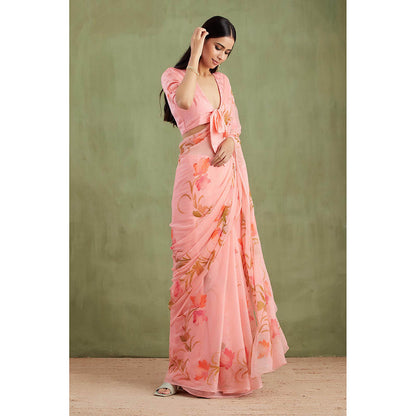 Geroo Jaipur Pink Hand Painted Floral Saree with Unstitched Blouse