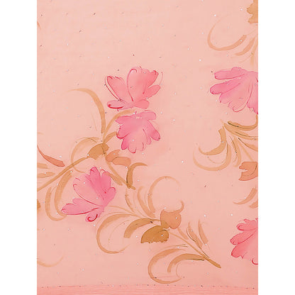 Geroo Jaipur Pink Hand Painted Floral Saree with Unstitched Blouse