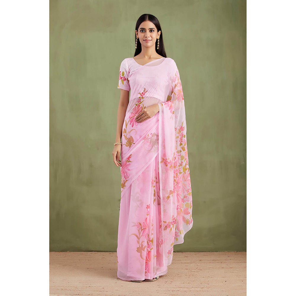 Geroo Jaipur Pink Floral Hand Painted Mukaish Saree with Unstitched Blouse