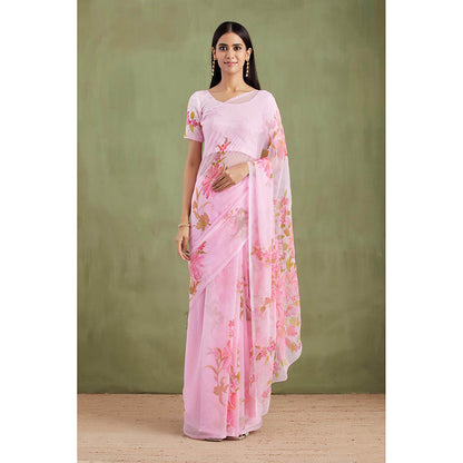 Geroo Jaipur Pink Floral Hand Painted Mukaish Saree with Unstitched Blouse