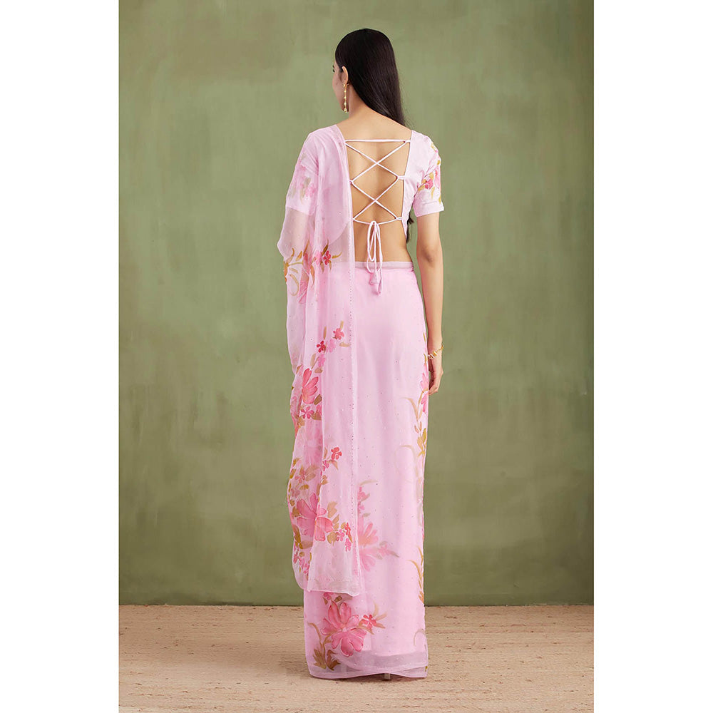 Geroo Jaipur Pink Floral Hand Painted Mukaish Saree with Unstitched Blouse