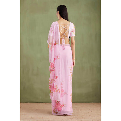 Geroo Jaipur Pink Floral Hand Painted Mukaish Saree with Unstitched Blouse