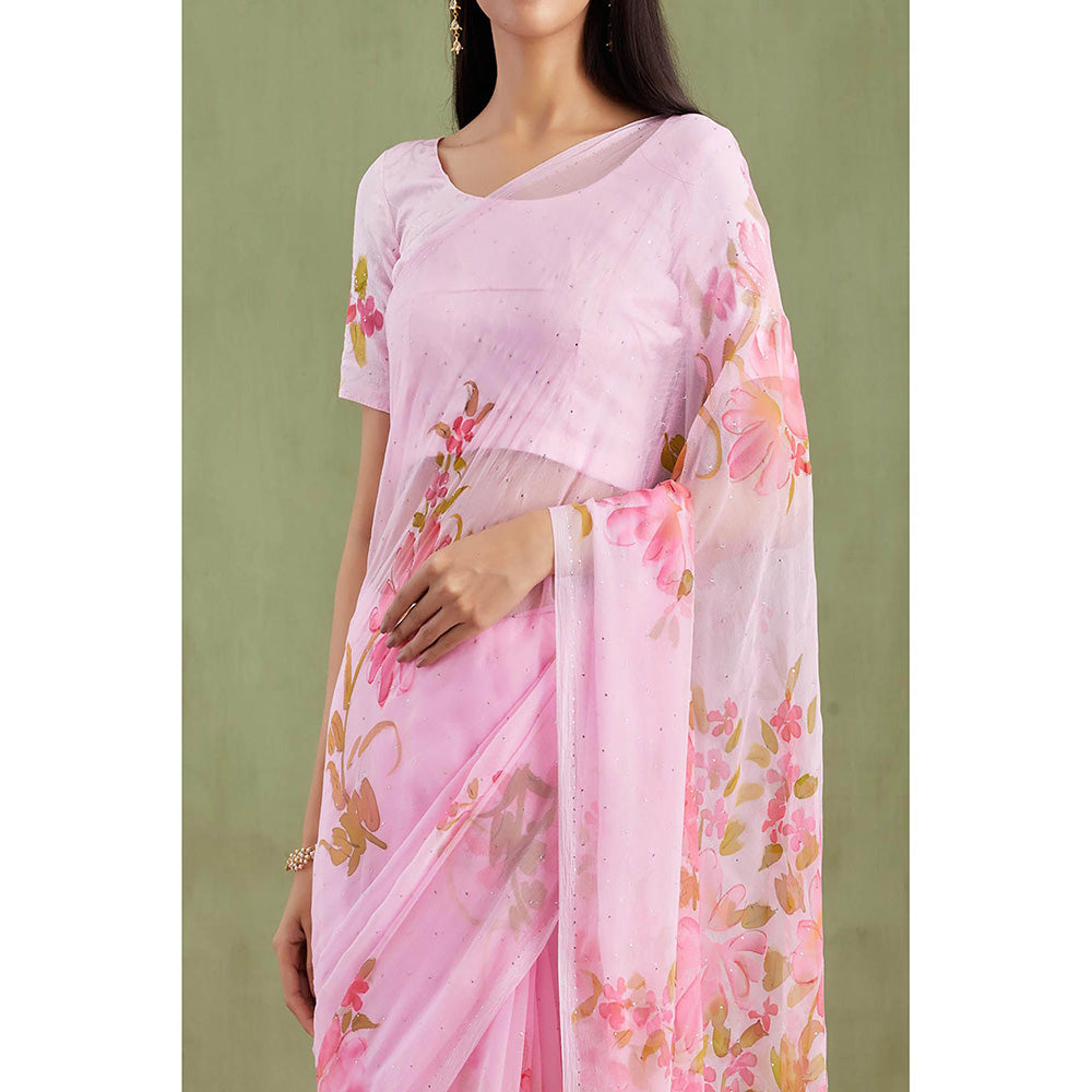Geroo Jaipur Pink Floral Hand Painted Mukaish Saree with Unstitched Blouse