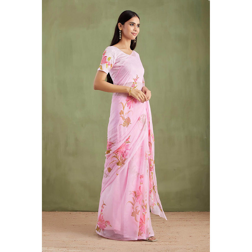 Geroo Jaipur Pink Floral Hand Painted Mukaish Saree with Unstitched Blouse