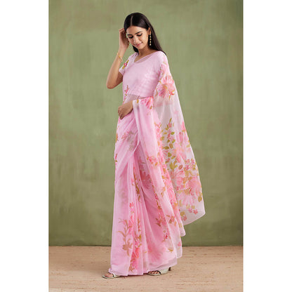 Geroo Jaipur Pink Floral Hand Painted Mukaish Saree with Unstitched Blouse