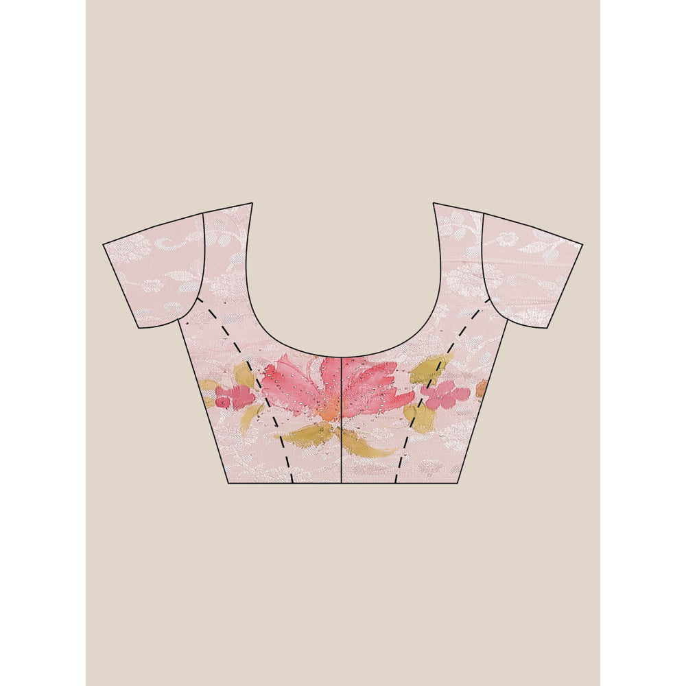 Geroo Jaipur Pink Floral Hand Painted Mukaish Saree with Unstitched Blouse