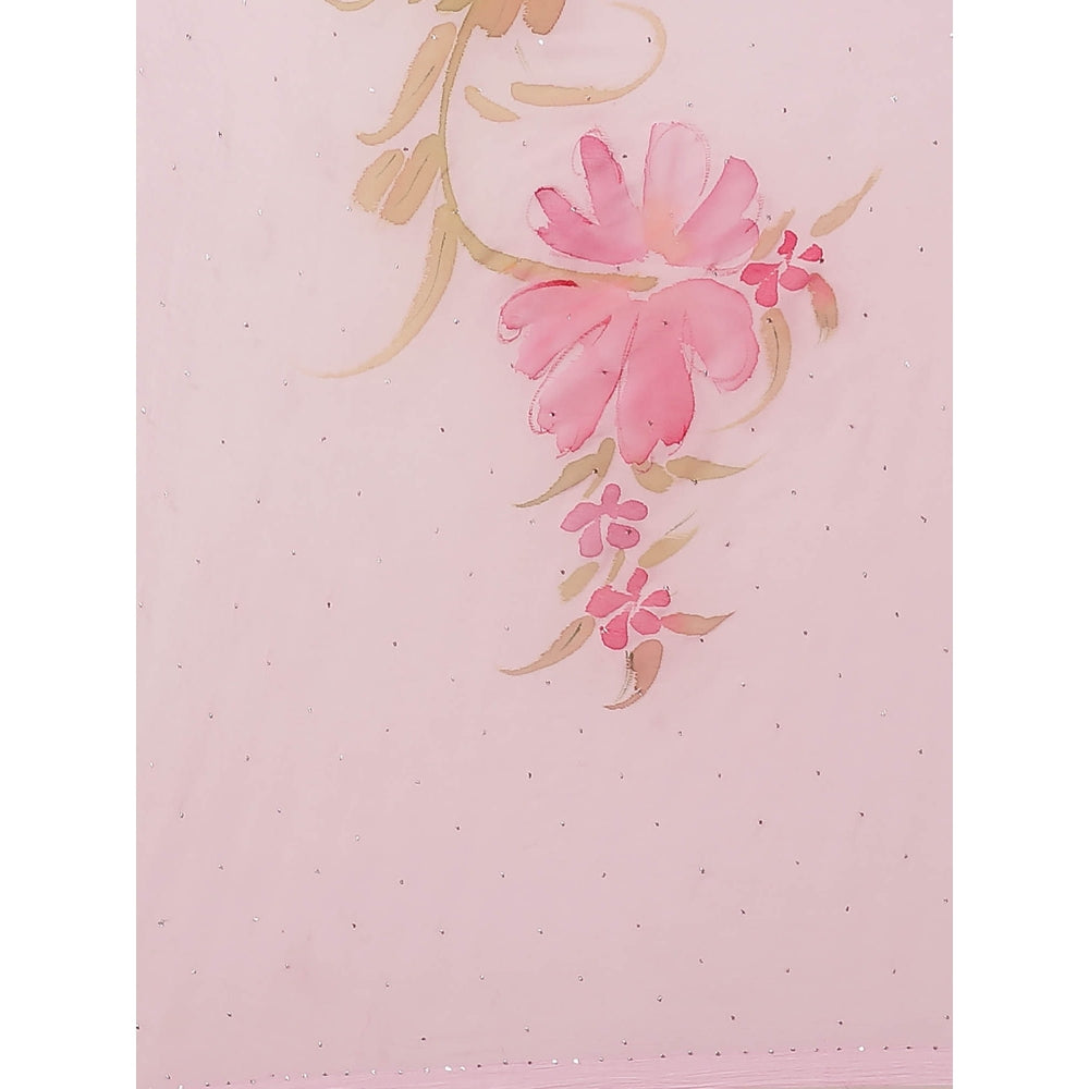 Geroo Jaipur Pink Floral Hand Painted Mukaish Saree with Unstitched Blouse