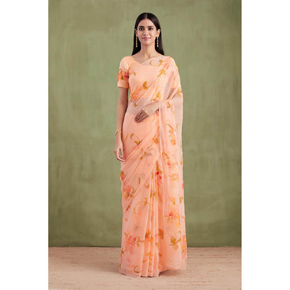 Geroo Jaipur Peach Floral Hand Painted Mukaish Work Saree with Unstitched Blouse