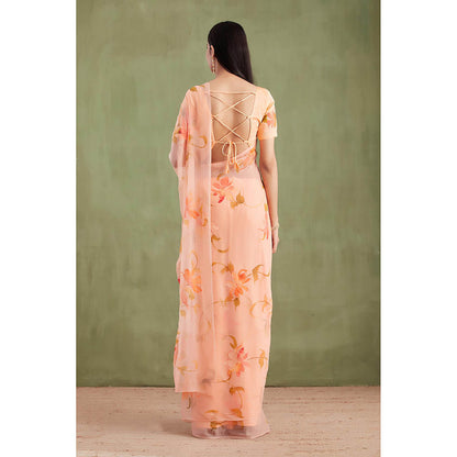 Geroo Jaipur Peach Floral Hand Painted Mukaish Work Saree with Unstitched Blouse
