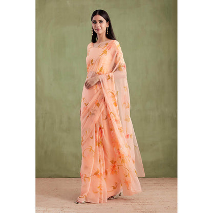 Geroo Jaipur Peach Floral Hand Painted Mukaish Work Saree with Unstitched Blouse