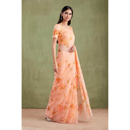 Geroo Jaipur Peach Floral Hand Painted Mukaish Work Saree with Unstitched Blouse