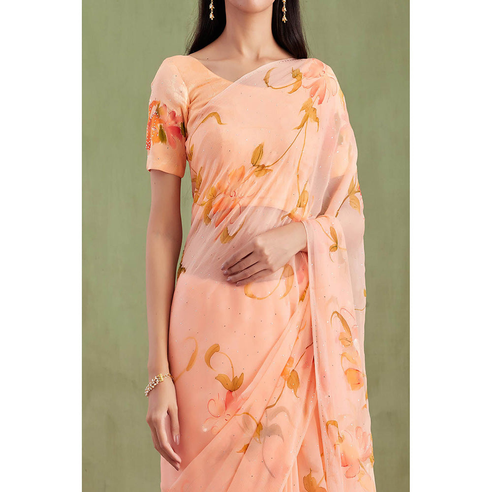 Geroo Jaipur Peach Floral Hand Painted Mukaish Work Saree with Unstitched Blouse
