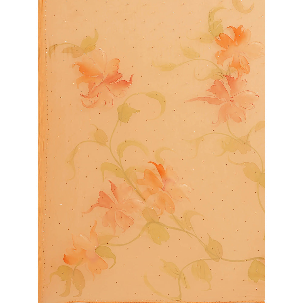 Geroo Jaipur Peach Floral Hand Painted Mukaish Work Saree with Unstitched Blouse