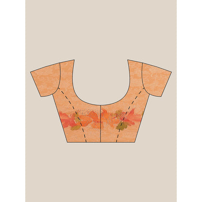 Geroo Jaipur Peach Floral Hand Painted Mukaish Work Saree with Unstitched Blouse