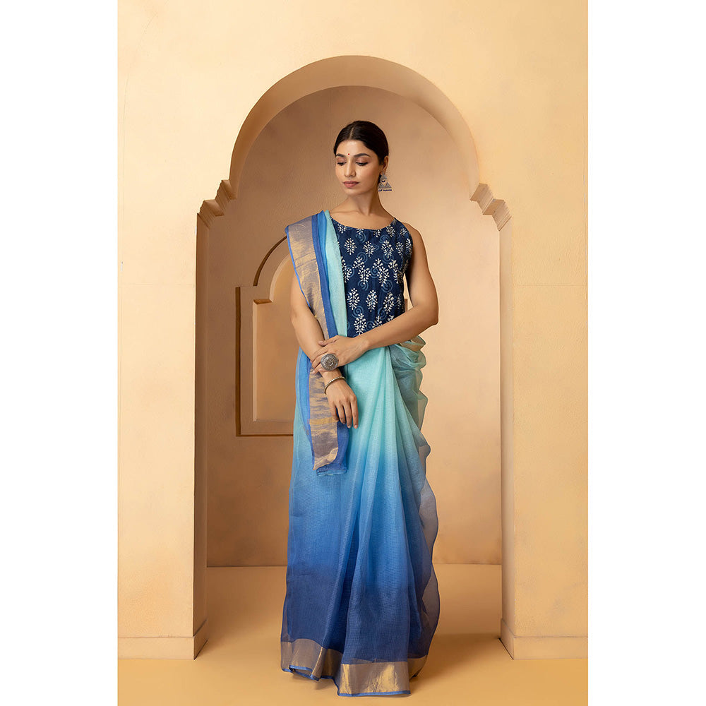 Geroo Jaipur Blue Tie and Dye Zari Pure Silk Kota Saree with Unstitched Blouse