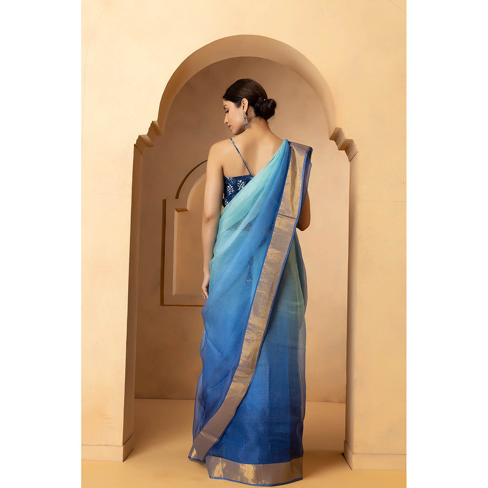Geroo Jaipur Blue Tie and Dye Zari Pure Silk Kota Saree with Unstitched Blouse