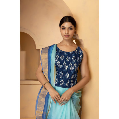 Geroo Jaipur Blue Tie and Dye Zari Pure Silk Kota Saree with Unstitched Blouse