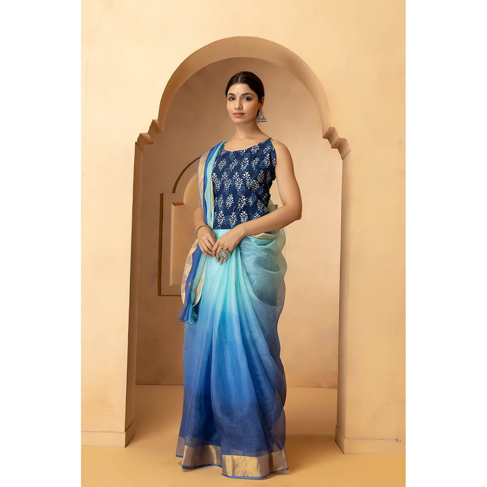 Geroo Jaipur Blue Tie and Dye Zari Pure Silk Kota Saree with Unstitched Blouse