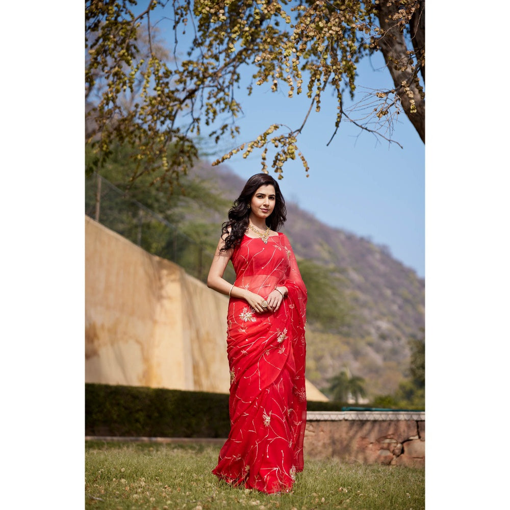 Geroo Jaipur Floral Embroidered Aari Work Pure Chiffon Saree with Unstitched Blouse