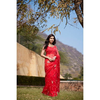 Geroo Jaipur Floral Embroidered Aari Work Pure Chiffon Saree with Unstitched Blouse