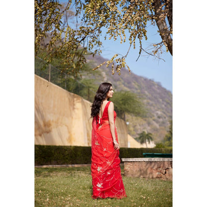 Geroo Jaipur Floral Embroidered Aari Work Pure Chiffon Saree with Unstitched Blouse