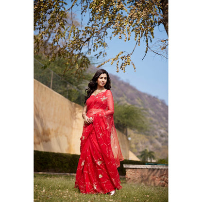 Geroo Jaipur Floral Embroidered Aari Work Pure Chiffon Saree with Unstitched Blouse