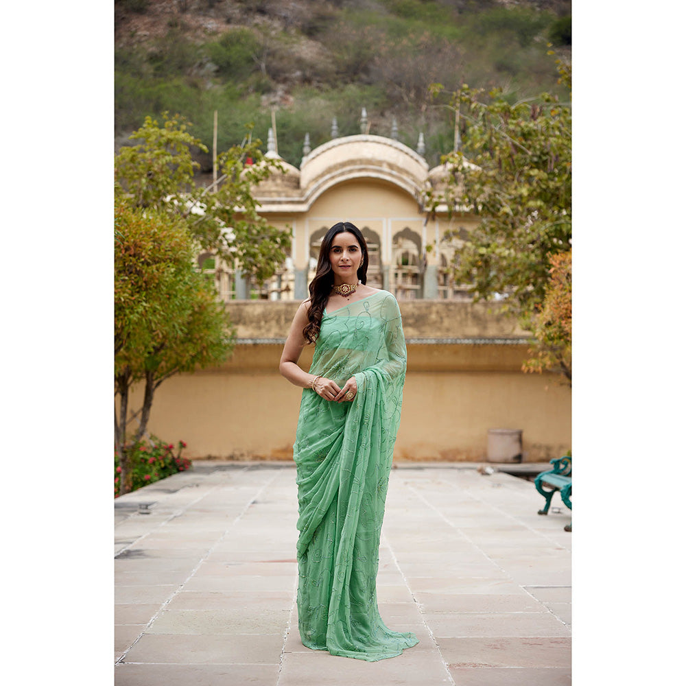 Geroo Jaipur Green Embellished Pure Chiffon Saree with Unstitched Blouse