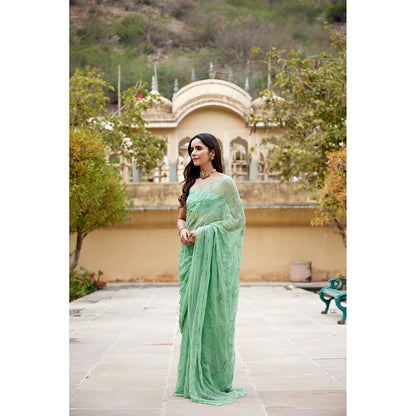 Geroo Jaipur Green Embellished Pure Chiffon Saree with Unstitched Blouse