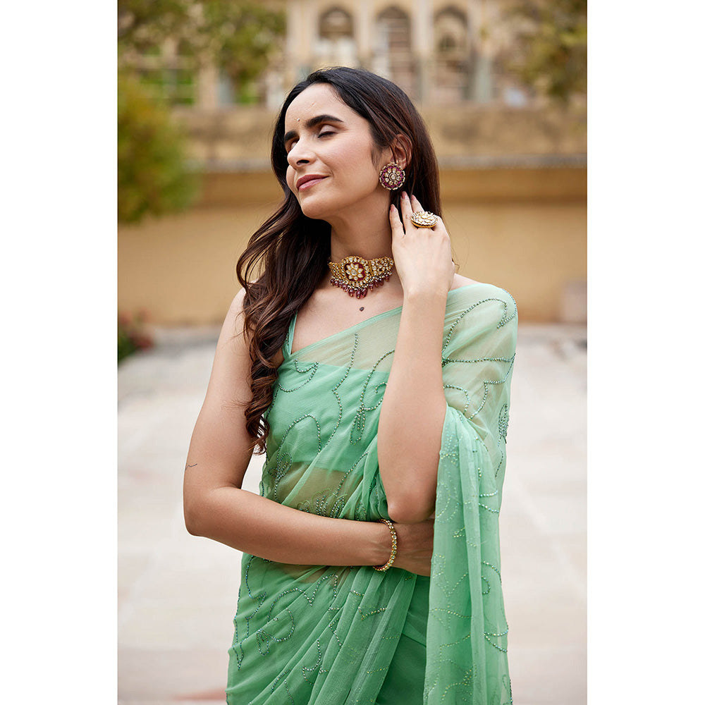 Geroo Jaipur Green Embellished Pure Chiffon Saree with Unstitched Blouse