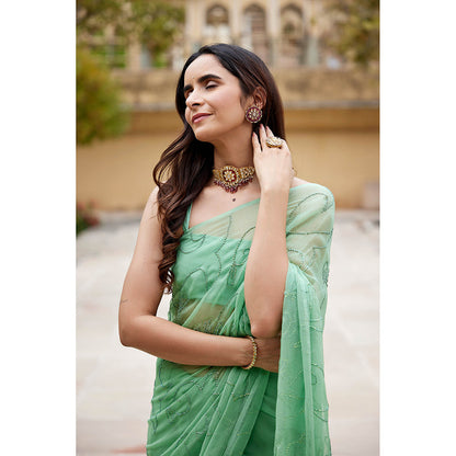 Geroo Jaipur Green Embellished Pure Chiffon Saree with Unstitched Blouse