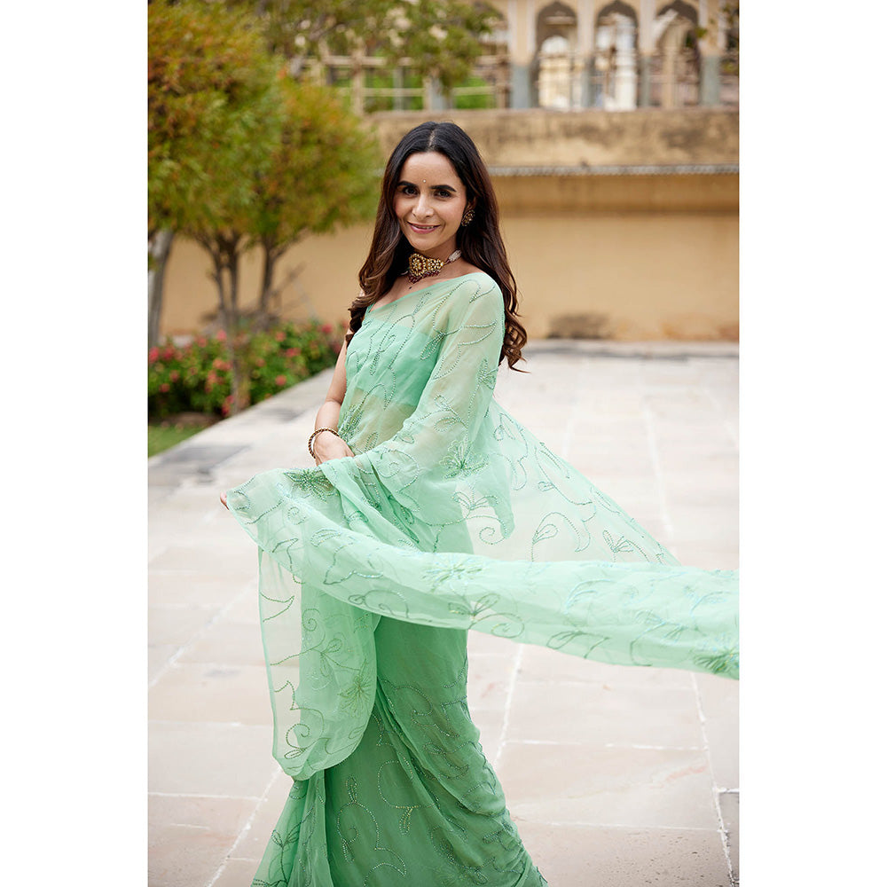 Geroo Jaipur Green Embellished Pure Chiffon Saree with Unstitched Blouse