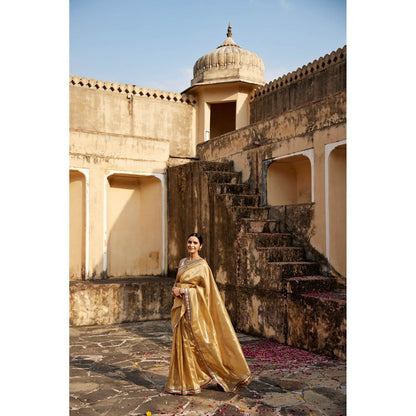 Geroo Jaipur Gold Floral Embroidered Pure Silk Banarasi Saree with Unstitched Blouse